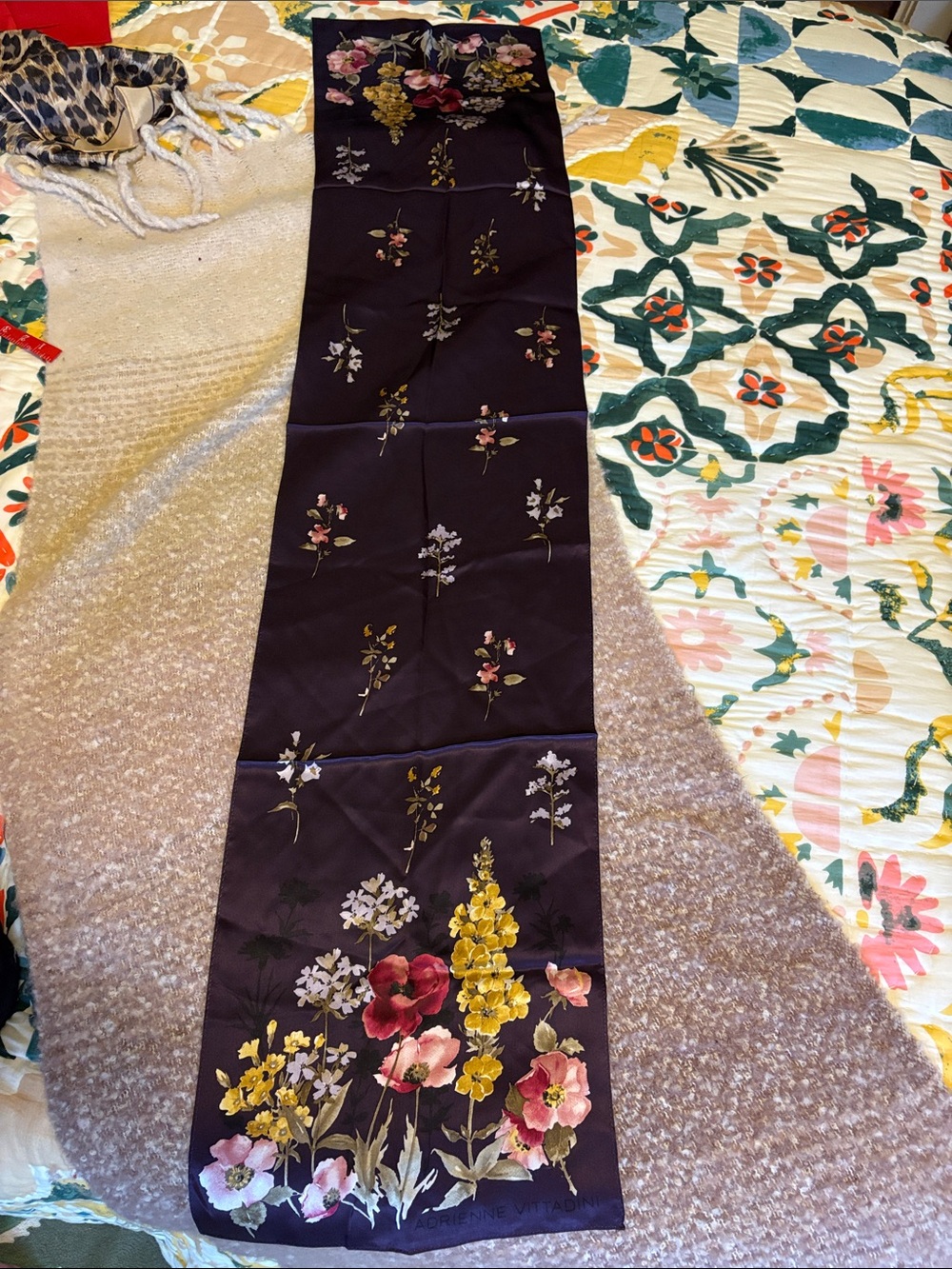 Adrienne Vittadini Plum Silk Floral Scarf with Pink and Yellow Blooms